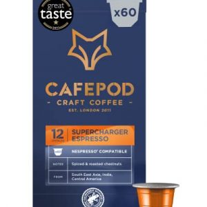 CAFEPOD Craft Coffee • Nespresso Compatible Recyclable Aluminium Pods • SUPERCHARGER BLEND • Rainforest Alliance Certified • 60 Pods