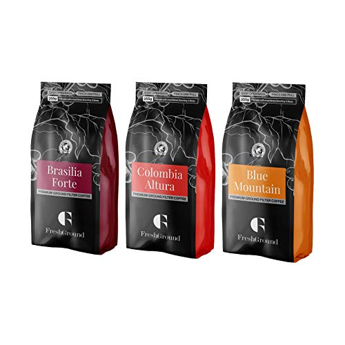 FreshGround | Premium Ground Filter Coffee Taster Kit | Pack of 3 255g Bags | Blue Mountain, Colombia Altura And Brasilia Forte | Perfect For Any Occasion | Rainforest Alliance Certified